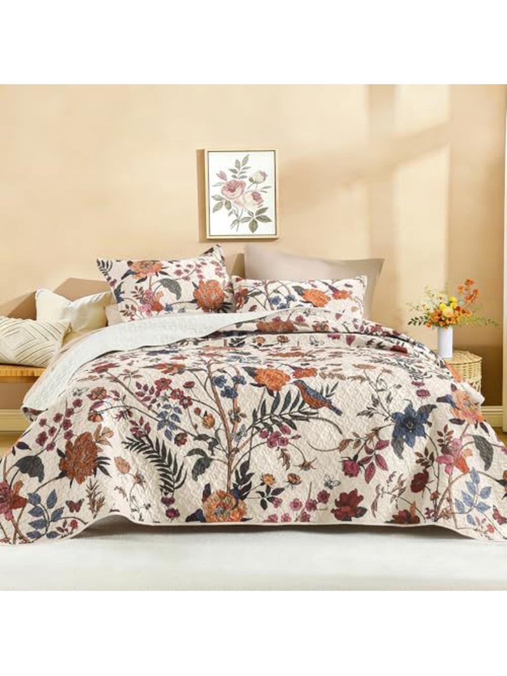 Floral Quilted Bedspread Set in Cream with Rust and Blue Accents